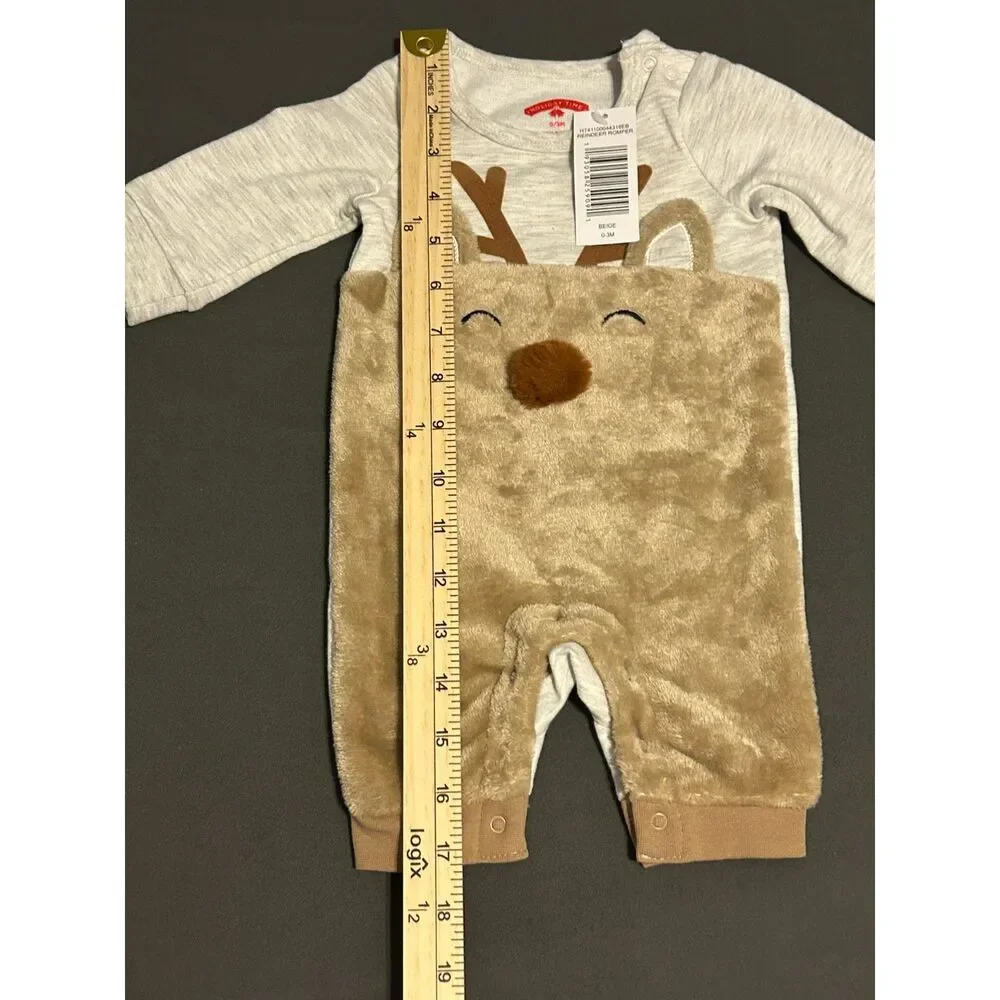 NWT Holiday Time Baby Reindeer Romper Beige 0-3M Christmas Onesie
